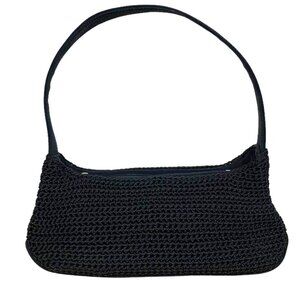 EUC Black Crochet Short Strap Handbag with Zippered Outside and Inside P…